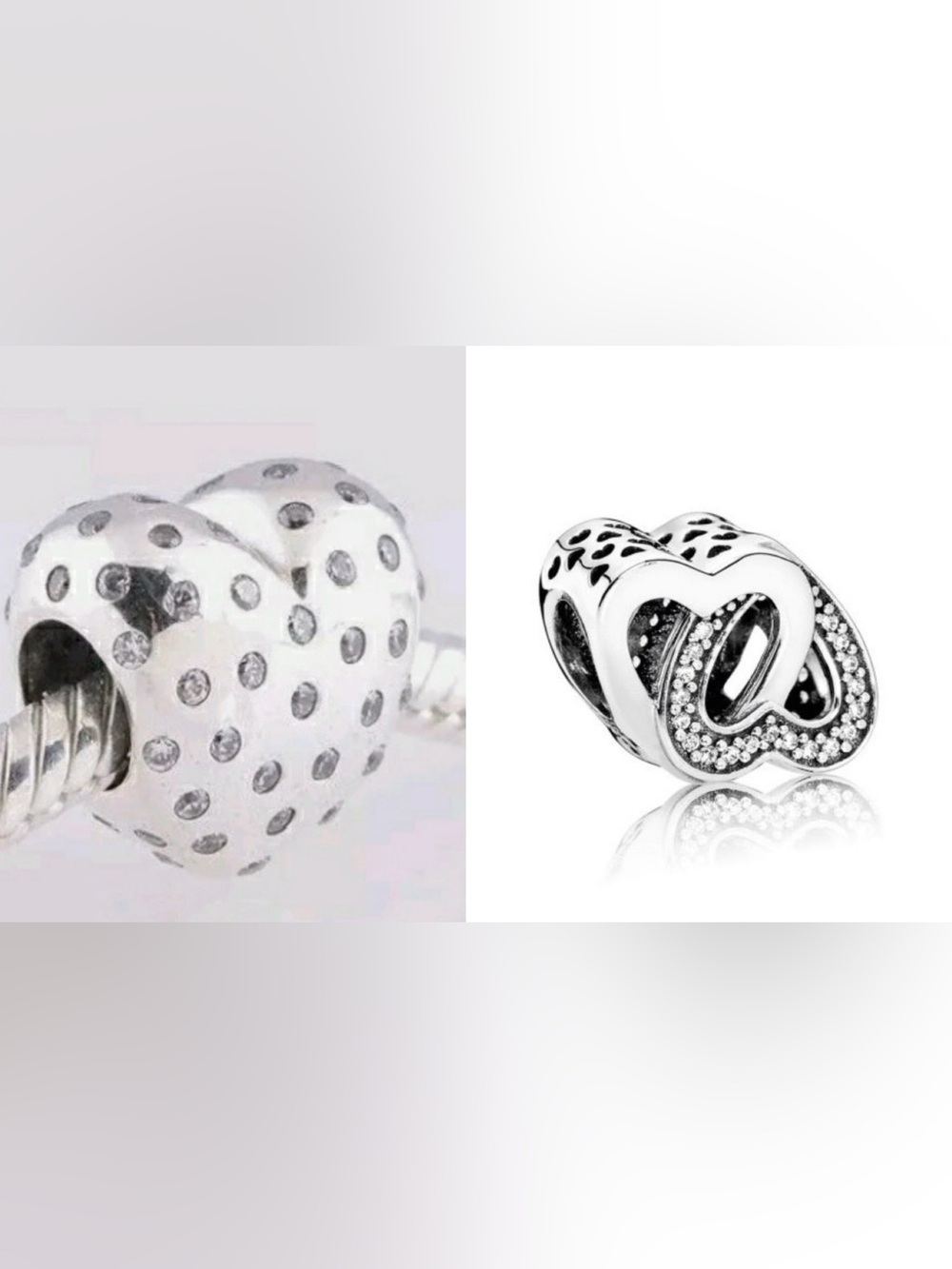 Two Pandora heart charms sterling silver puffy heart and interlocked hearts